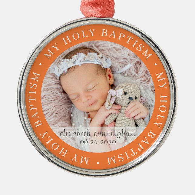 Holy Baptism Simple Frame Modern Custom Photo Metal Tree Decoration (Front)