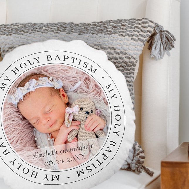 Holy Baptism Simple Frame Modern Custom Photo Round Cushion (Creator Uploaded)