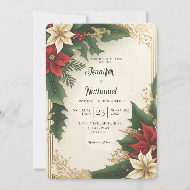 Holy Berries Red Green Gold Christmas Wedding Invitation (Front)