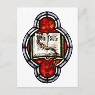 Holy Bible and Rosary Stained Glass Art Postcard