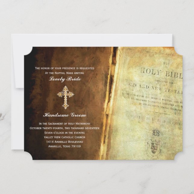 Holy Bible Gold Cross Catholic Wedding Invitation (Front)
