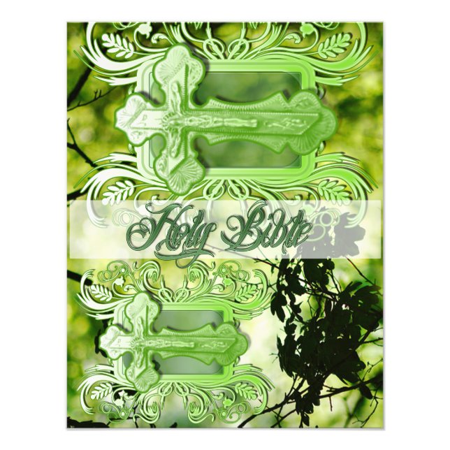 Holy Bible Photo Enlargement – Ornate Green Cross (Front)