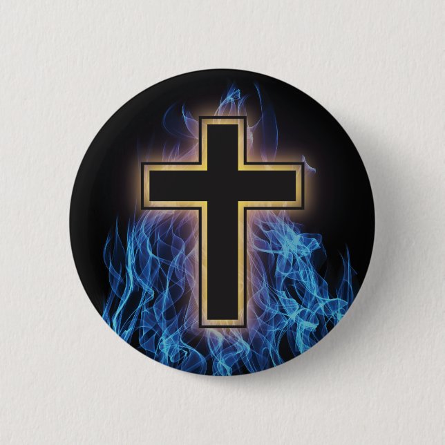 HOLY BLUE FIRE CROSS! CHRISTIAN SPIRITUAL POWER 6 CM ROUND BADGE (Front)