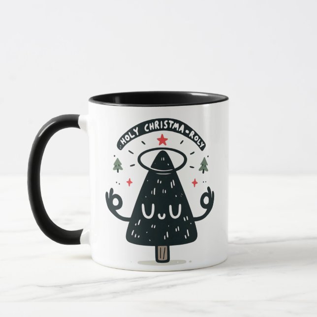 Holy Christma-roly Mug – Funny Meditating Tree Hol (Left)