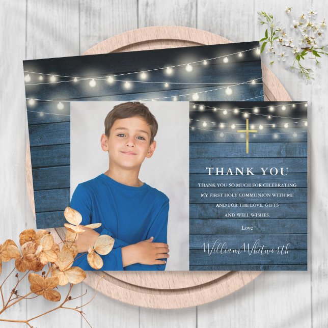 Holy Communion Blue Rustic String Lights Photo Thank You Card (Creator Uploaded)