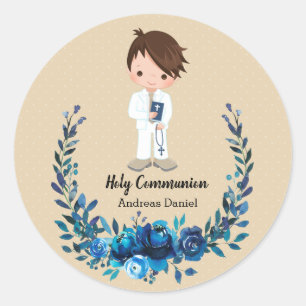 Holy Communion blue wreath Classic Round Sticker