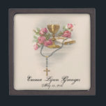 Holy Communion Girl Catholic Traditional Keepsake Keepsake Box<br><div class="desc">This personalised traditional First Holy Communion keepsake jewellery box has a beautiful image of the chalice, missal or bible with a rosary and pink roses on an altar. There is an area for you to personalise with the name of the celebrant and date of their First Holy Communion. It would...</div>