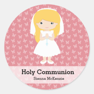 Holy Communion Girl * Choose your background colou Classic Round Sticker
