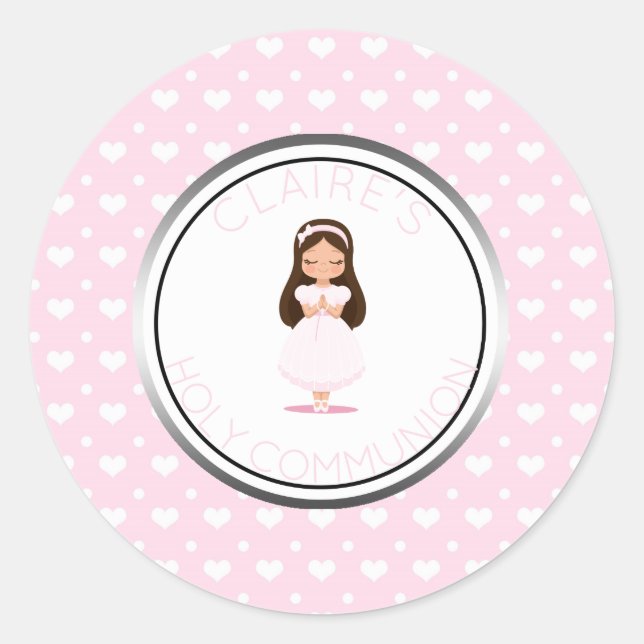 Holy Communion Girl Favour Pink Hearts Classic Round Sticker (Front)