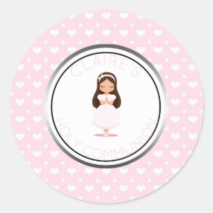 Holy Communion Girl Favour Pink Hearts Classic Round Sticker