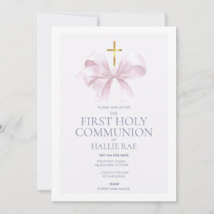 Holy Communion Invitation Girl, Modern Pink Bow