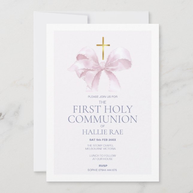 Holy Communion Invitation Girl, Modern Pink Bow (Front)