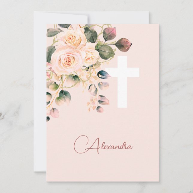  Holy Communion Roses Soft Pink Religious Cross Invitation (Front)