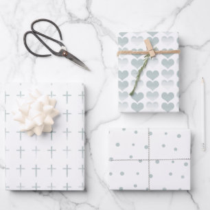 Holy Communion Sage Cross Hearts and Dots Wrapping Paper Sheet