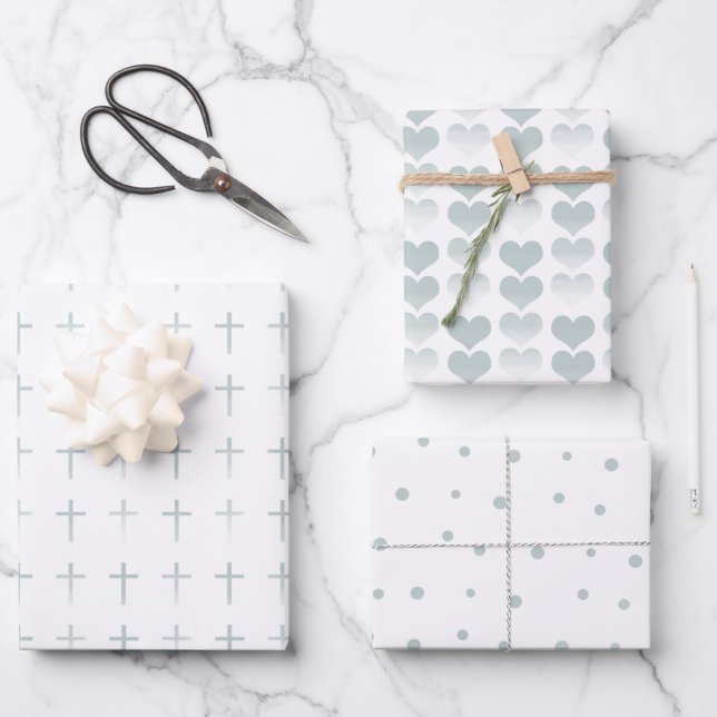 Holy Communion Sage Cross Hearts and Dots Wrapping Paper Sheet (Front)