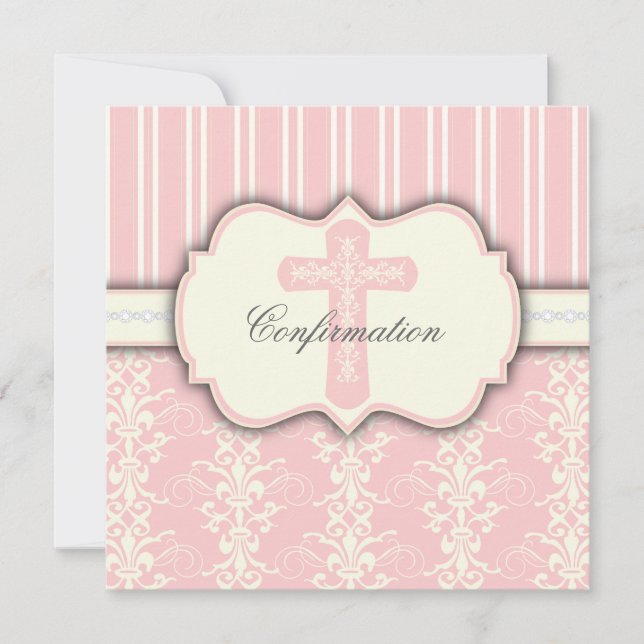 Holy Confirmation Vintage Pink Damask Invitation (Front)