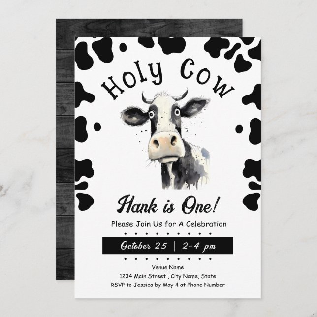 Holy Cow 1st Birthday Watercolor Invitation (Front/Back)