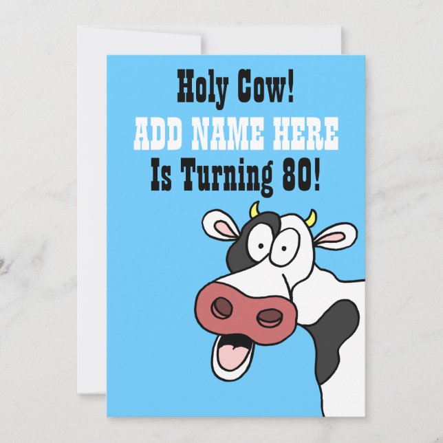 Holy Cow 80th Birthday Funny Cartoon Invite (Front)