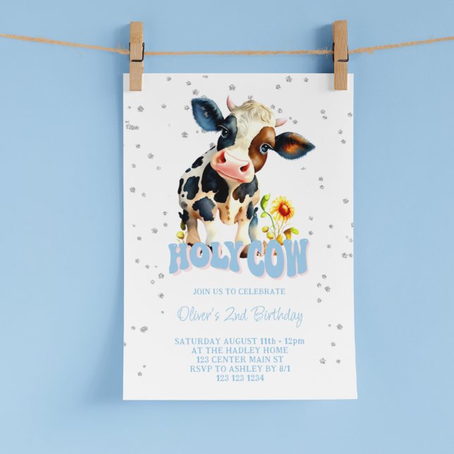 Holy Cow Blue 2nd Birthday Invitation (Creator Uploaded)