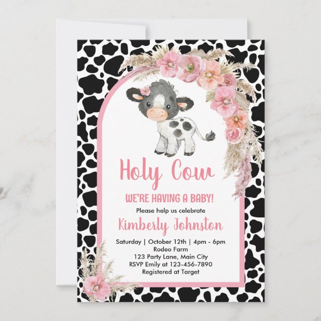 Holy Cow boho baby shower pink farm girl floral Invitation (Front)