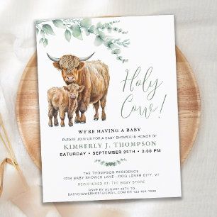 Holy Cow Boho Greenery Highland Cow Baby Shower Postcard