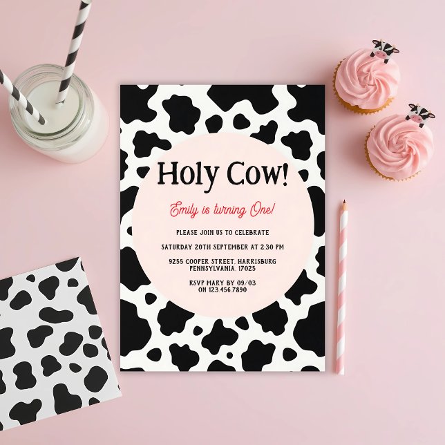 Holy Cow Bold Cow Print 1st Birthday Invitation (Holy Cow First Birthday Invitation Cow Print 1st Birthday Party Invite for Girls)