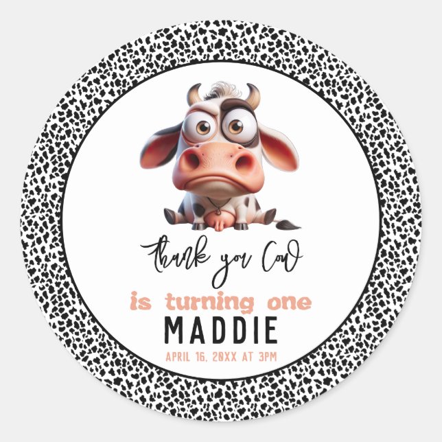 Holy Cow Caricatures I’m One Cowgirl 1st Birthday  Classic Round Sticker (Front)