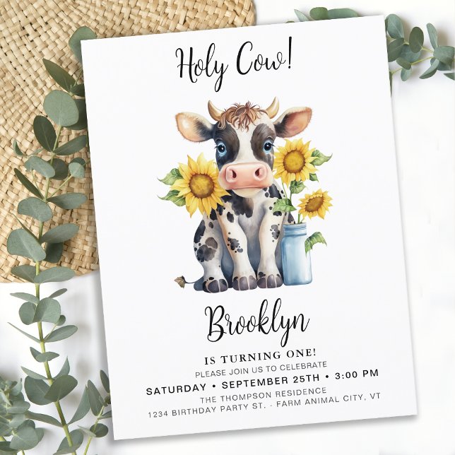 Holy Cow Cute Farm Animal 1st Birthday Invitation Postcard (Creator Uploaded)
