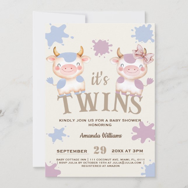 Holy cow farm animal boy girl twins baby shower invitation (Front)