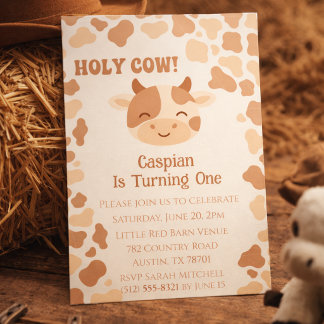 Holy Cow Farm Animal Cow Print First Birthday Invitation