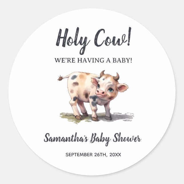 Holy Cow Farm Animal Theme Baby Shower Favour Classic Round Sticker (Front)