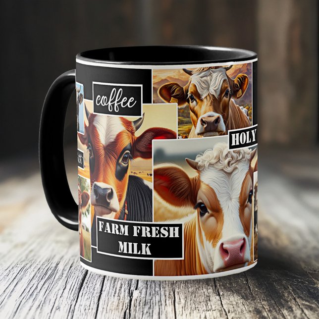 Holy Cow Farm Fresh Milk Coffee Mug (Mug featuring images of different cows - great for coffee with milk or a gift for a farmer)