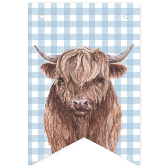 Holy Cow first birthday Blue Plaid Brown Cow Print Bunting (First Flag)