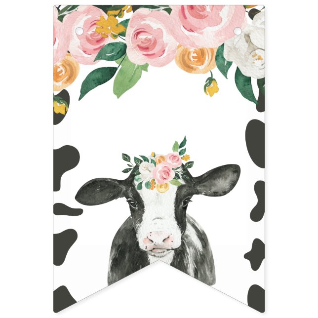 Holy Cow first birthday pink floral cow print Bunting (First Flag)