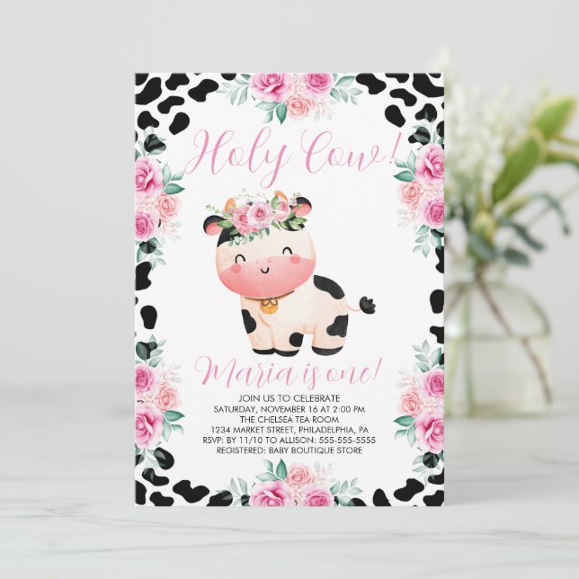 Holy Cow Floral  1st Birthday Invitation (Standing Front)