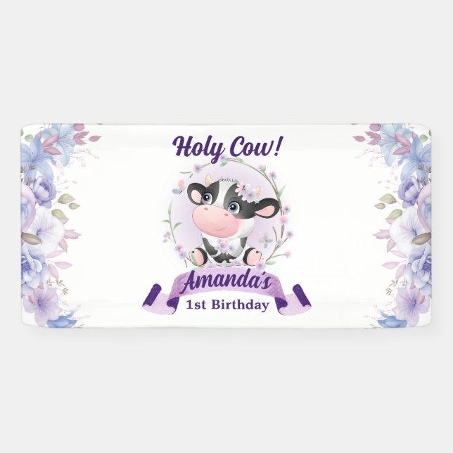 Holy Cow Floral 1st Birthday Party Banner (Horizontal)