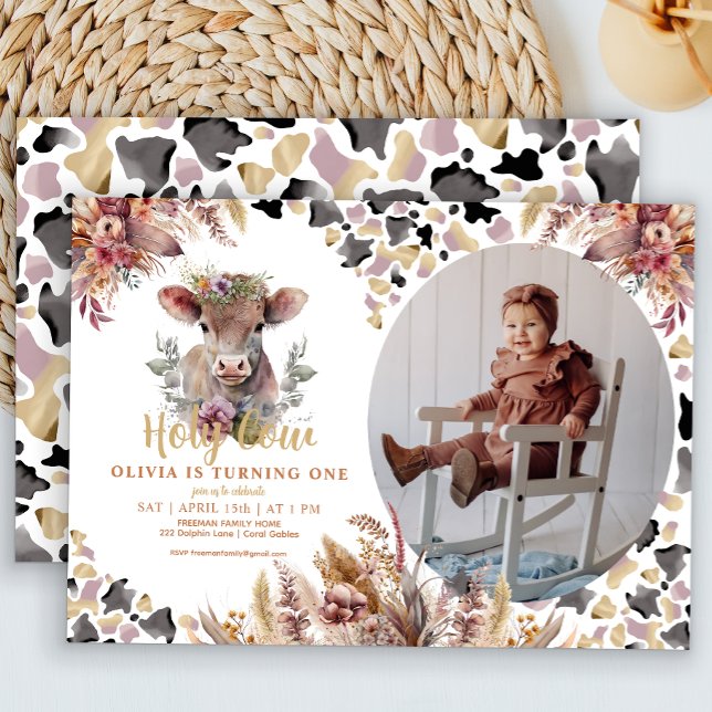 Holy Cow Floral 1st Birthday Photo Invite (Creator Uploaded)