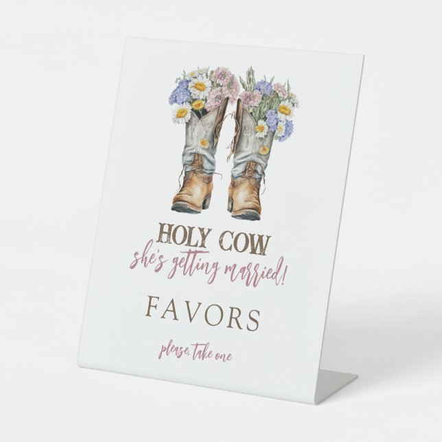 Holy Cow Floral Cowboy Boots Bridal Shower Pedestal Sign (Front)