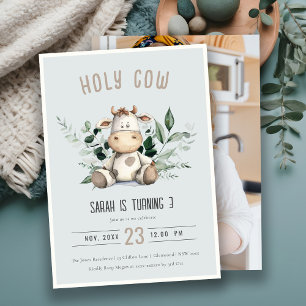 Holy Cow Foliage Dusky Blue Photo Kids Birthday Invitation