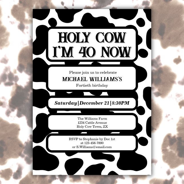 Holy Cow Funny Black White 40th Birthday Invitation (Creator Uploaded)
