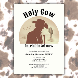 Holy Cow Funny Vintage Cowboy 40th Birthday Invitation