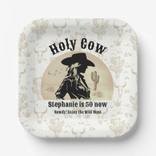 Holy Cow Funny Vintage Cowgirl 50th Birthday Paper Plate