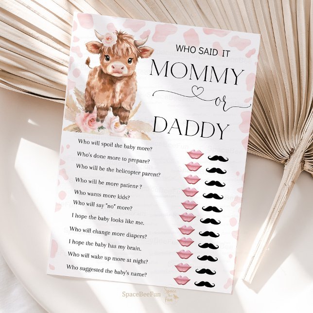  Holy Cow games mummy or daddy baby shower girl (Highland Cow Holy Cow baby shower girl)