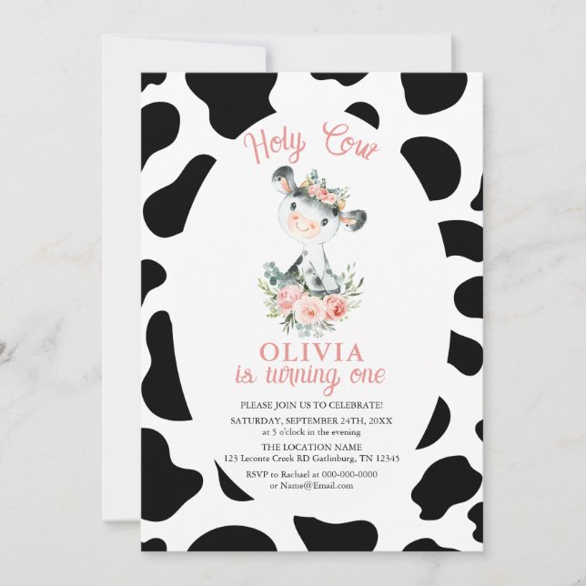 Holy Cow Girl Pink Floral Farm 1st Birthday Invitation (Front)