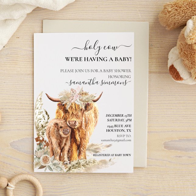 Holy Cow Highland Calf Baby Shower Boho Pampas  Invitation (Creator Uploaded)