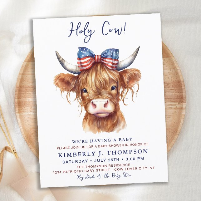 Holy Cow Highland Calf Patriotic Baby Shower Invitation Postcard (Creator Uploaded)