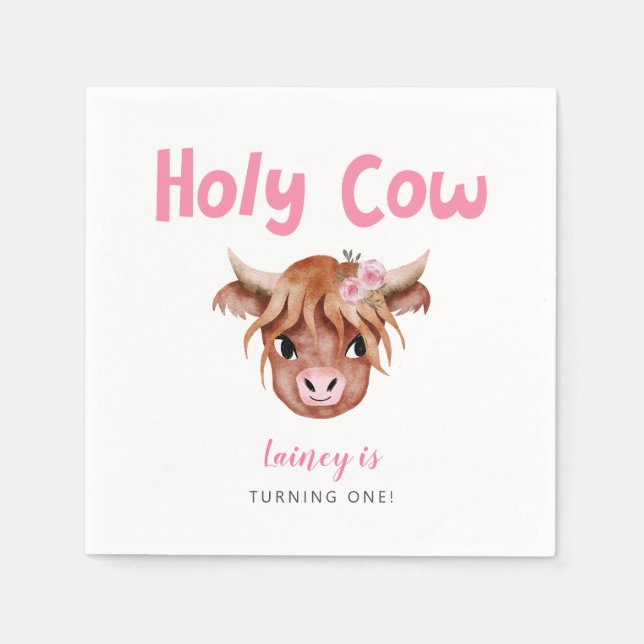 Holy Cow Highland Cow Girls Birthday Napkin (Front)