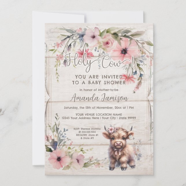 Holy Cow Highland Floral Cute Adorable Baby Shower Invitation (Front)