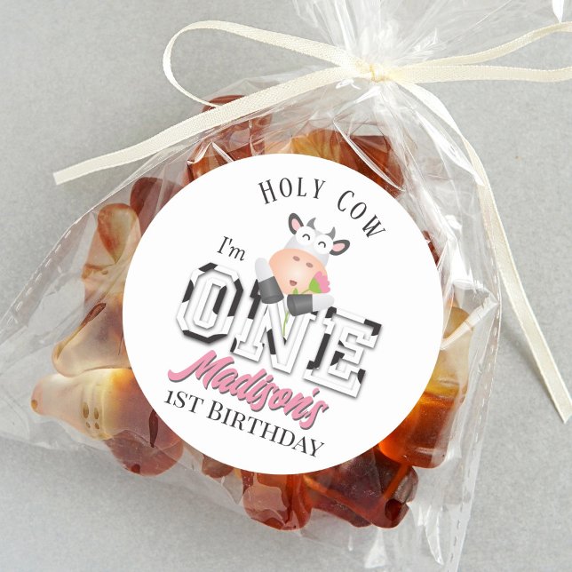 Holy Cow I am One Girl 1st Birthday Party Classic Round Sticker (Creator Uploaded)