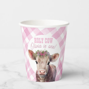 Holy Cow I’m One Pink Gingham Party Cups